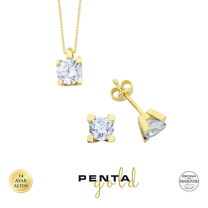 14 Ayar Altın Swarovski Tektaş Küpe Kolye Set - 2
