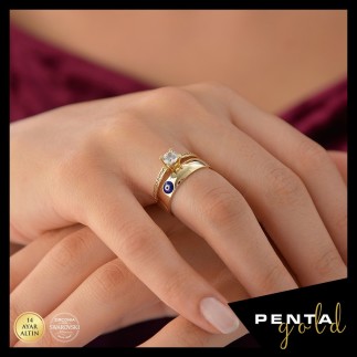 Penta Gold - 14 Ayar Altın Swarovski Tektaş Nazar Boncuklu Yüzük