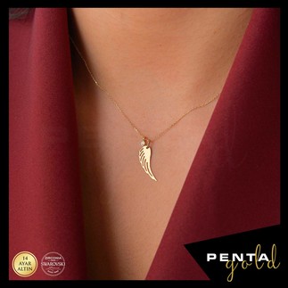 Penta Gold - 14 Ayar Altın Tek Taş Swarovski Melek Kanadı Kolye