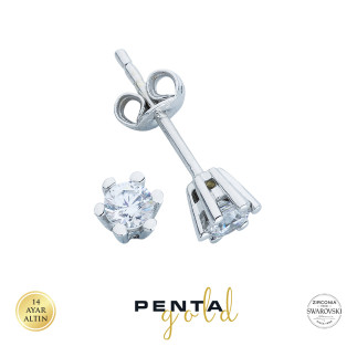 Penta Gold - 14 Ayar Altın Tektaş 6 Tırnak Swarovski Taşlı Küpe