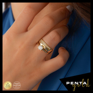 Penta Gold - 14 Ayar Altın Tektaş Çapraz Yüzük