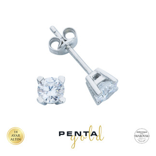 Penta Gold - 14 Ayar Altın Tektaş Küpe 4 Tırnak Swarovski Taşlı