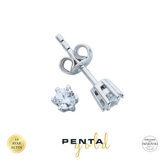 Penta Gold - 14 Ayar Altın Tektaş Küpe 6 Tırnak Swarovski Taşlı