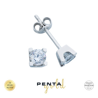 Penta Gold - 14 Ayar Altın Tektaş Küpe Swarovski 4 Tırnak