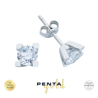 Penta Gold - 14 Ayar Altın Tektaş Küpe Swarovski V Tırnak