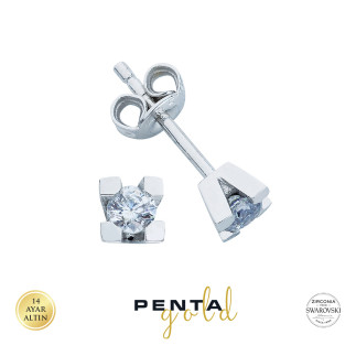 Penta Gold - 14 Ayar Altın Tektaş Küpe V Tırnak Swarovski Taşlı (1)