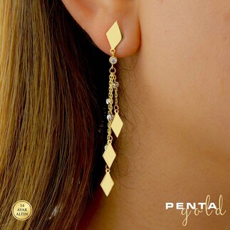 Penta Gold - 14 Ayar Altın Üçlü Sallantı Karo Küpe