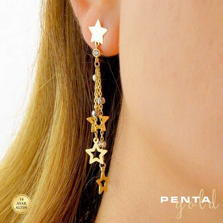 Penta Gold - 14 Ayar Altın Üçlü Sallantı Yıldız Küpe