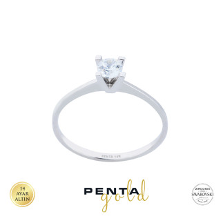 Penta Gold - 14 Ayar Altın V Tırnak Swarovski Tektaş Yüzük