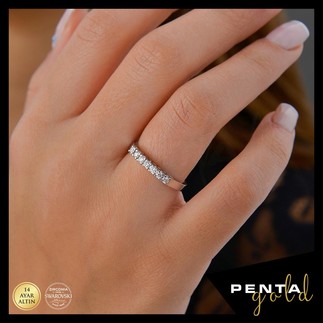 14 Ayar Altın Yedi Taş Yüzük 0,24 ct. Swarovski Taşlı - Thumbnail