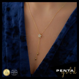 Penta Gold - 14 Ayar Altın Yıldız Çift Zincir Swarovski Kolye