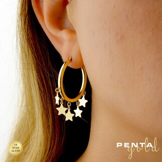 Penta Gold - 14 Ayar Altın Yıldız Sallantılı Halka Küpe