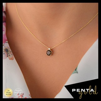 Penta Gold - 14 Ayar Altın Yuvarlak Smoky Topaz Kolye (1)