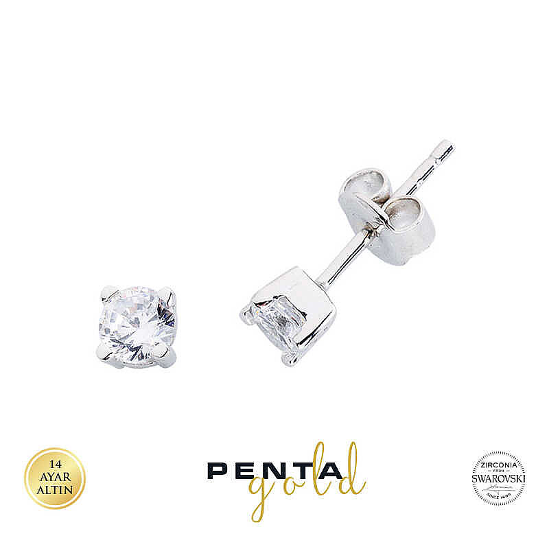 14 Ayar Swarovski Dört Tırnak Tek Taş Altın Küpe - 2