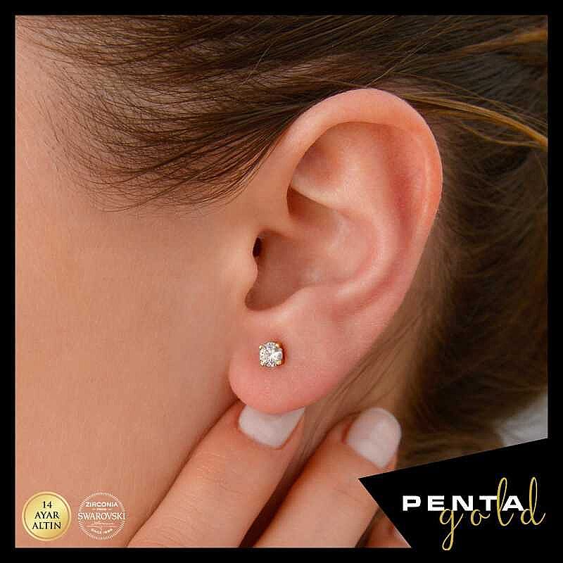 14 Ayar Swarovski Dört Tırnak Tek Taş Altın Küpe - 3