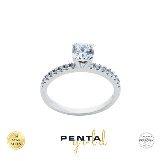 Penta Gold - 14 Ayar Swarovski Dört Tırnak Tek Taş Altın Yüzük (1)