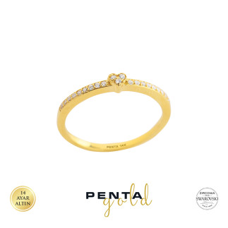 Penta Gold - 14 Ayar Swarovski Kalp Sıra Taşlı Altın Yüzük