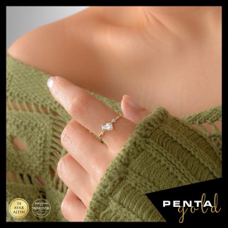 Penta Gold - 14 Ayar Swarovski Taşlı Baget Stil Altın Yüzük