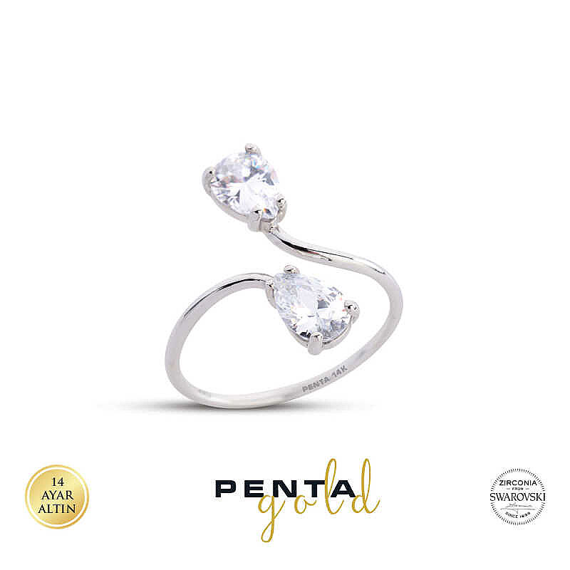 14 Ayar Swarovski Taşlı Çift Damla Ayarlı Altın Yüzük - 2