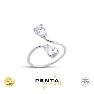 Penta Gold - 14 Ayar Swarovski Taşlı Çift Damla Ayarlı Altın Yüzük (1)