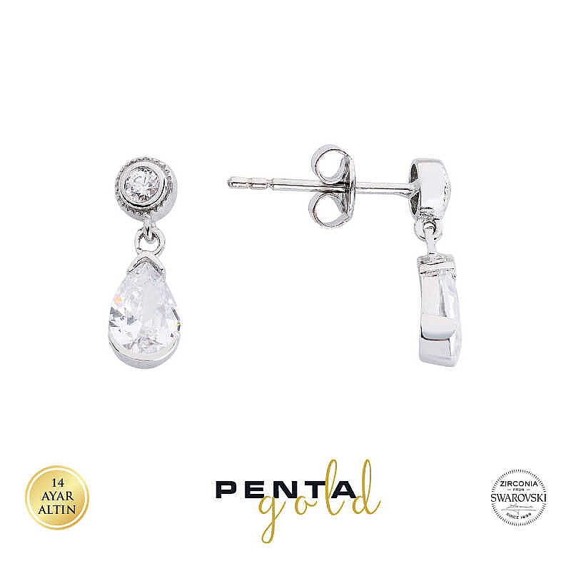 14 Ayar Swarovski Taşlı Damla Altın Küpe - 2