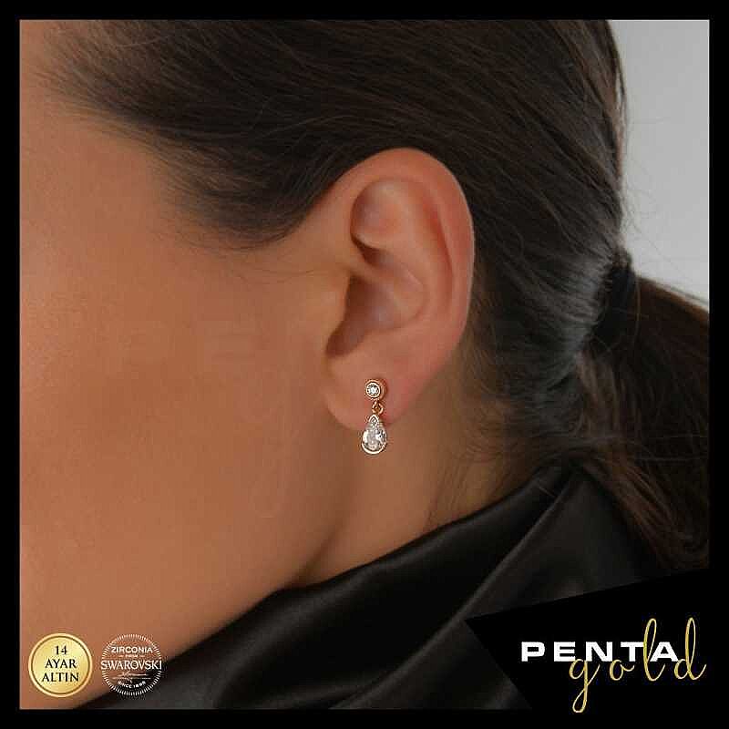 14 Ayar Swarovski Taşlı Damla Altın Küpe - 3
