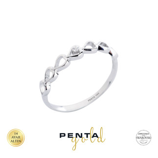 Penta Gold - 14 Ayar Swarovski Taşlı Sıra Kalp Altın Yüzük