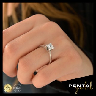 Penta Gold - 14 Ayar Swarovski V Tırnak Tek Taş Altın Yüzük