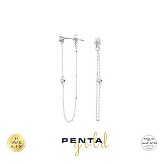 Penta Gold - 14 Ayar Swarovski Zincirli Tek Taş Altın Küpe (1)