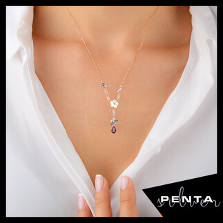 Ametist Taşlı Manolya Gümüş Kolye - Thumbnail