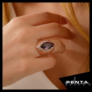 Penta Silver - Çiçek Motifli Anturaj Markiz Taşlı Gümüş Yüzük (1)