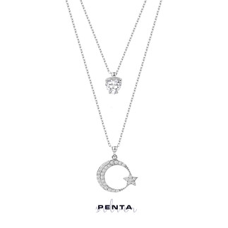 Penta Silver - Çift Zincirli Kalp Taşlı Ay Yıldız Gümüş Kolye