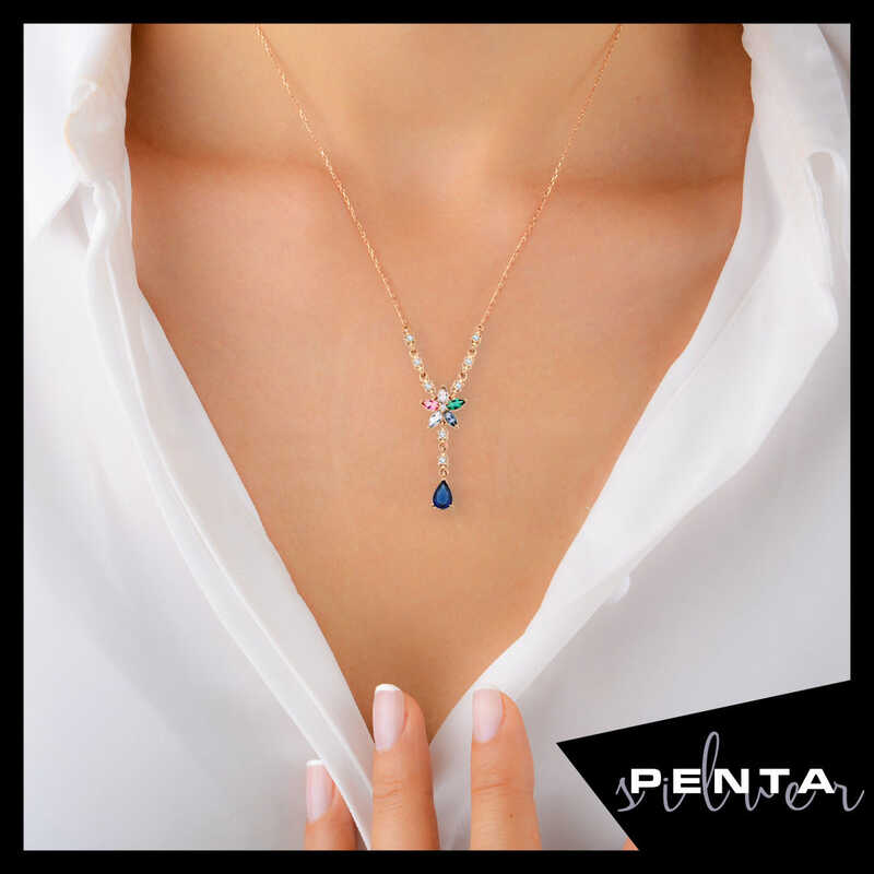 Gümüş Sallantılı Kolye Renkli Taşlı Gümüş Sallantılı Kolye Renkli Taşlı