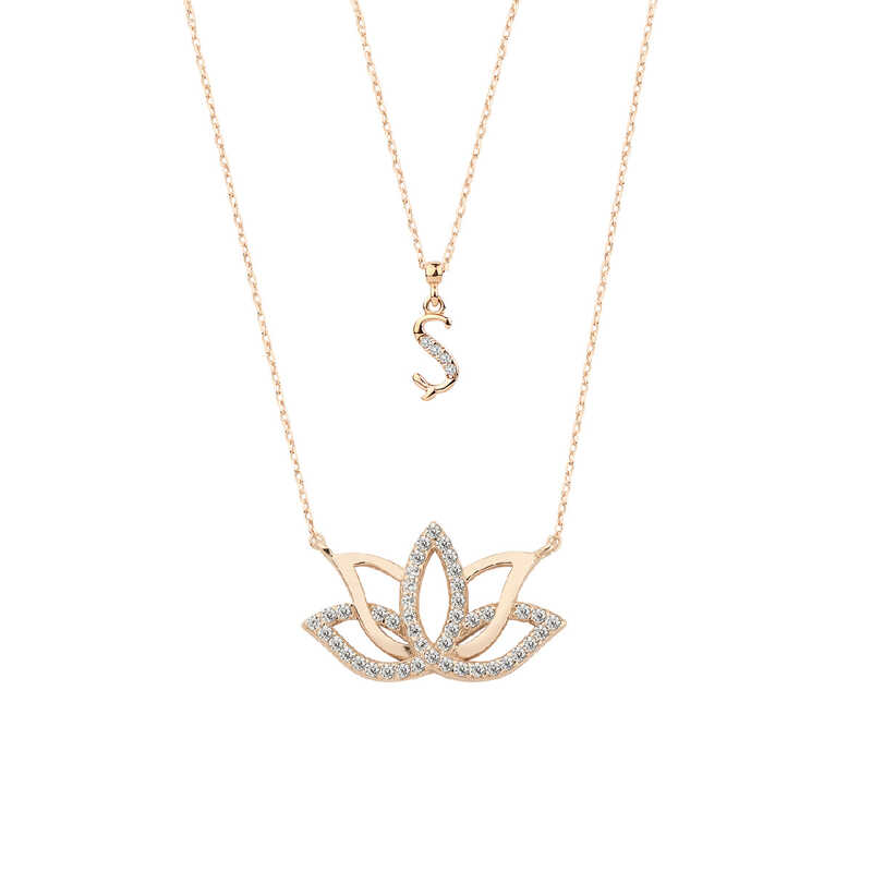 Harfli Lotus Çiçeği Gümüş Kolye Çift Zincirli