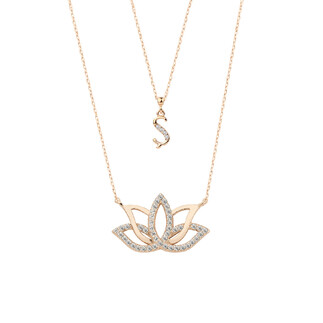 Harfli Lotus Çiçeği Gümüş Kolye Çift Zincirli - Thumbnail