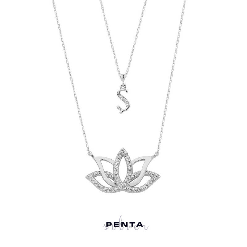 Harfli Lotus Çiçeği Gümüş Kolye Çift Zincirli