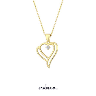 Penta Silver - İçiçe Kalpli Tektaşlı Gümüş Kolye