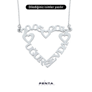 Penta Silver - İki İsimli Kalpli Gümüş Kolye