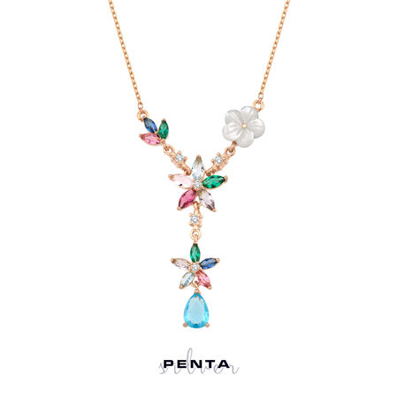 Penta Silver - Mavi Taşlı Gümüş Kolye Manolya Çiçekli