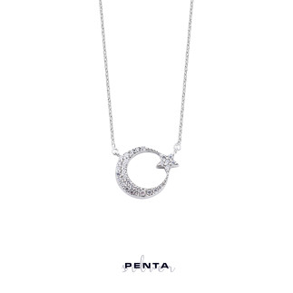 Penta Silver - Orta Boy Ay Yıldız Gümüş Kolye
