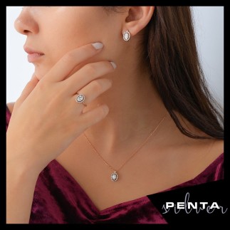 Penta Silver - Oval Pırlanta Montür Gümüş Takı Seti