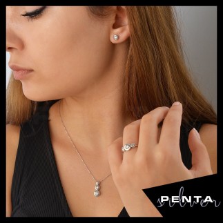 Penta Silver - Pırlanta Montür Sıvama Tria Beyaz Gümüş Takı Seti